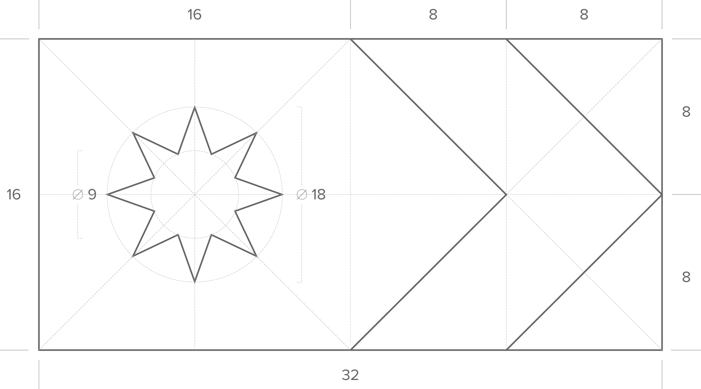 The Unity Flag Measurements - A 1:2 grid divided into two halves. In the left half, a centred eight pointed star, with an outer diameter of 18/32 and an inner diameter of 9/32. In the right half a chevron is drawn from left to right, one quarter the width of the flag, creating two triangles one quarter width and height, in the upper and lower right hand corners of the flag.