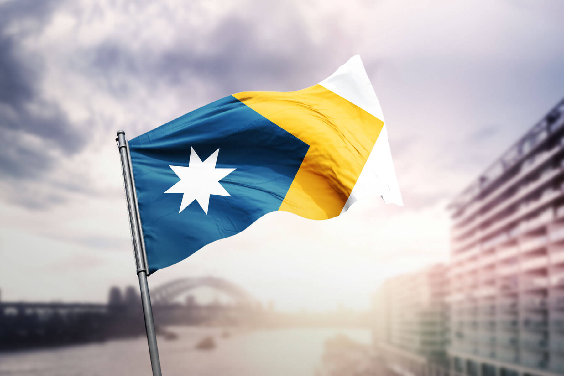 A Unity Flag flies in front of the Sydney Harbour Bridge
